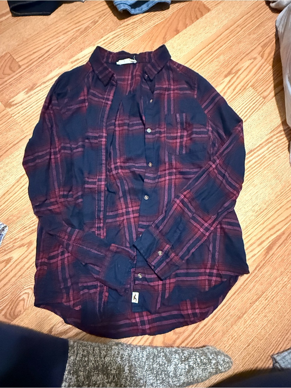Hollister Navy and Burgundy Plaid Button-Down Shirt